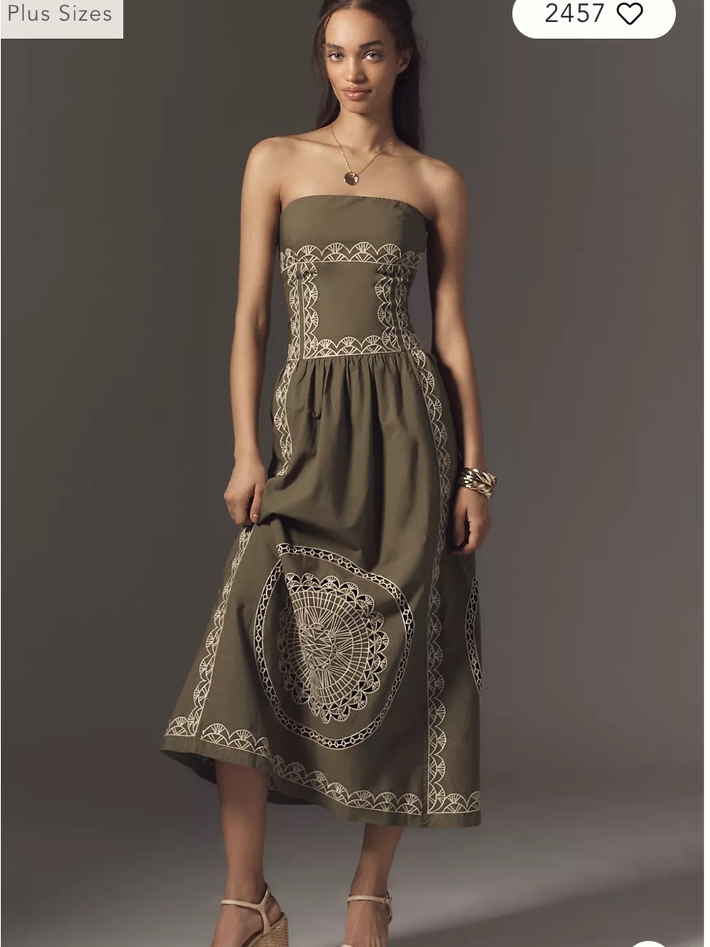 Anthropologie Olive Strapless Midi Dress with Ivory Embroidery